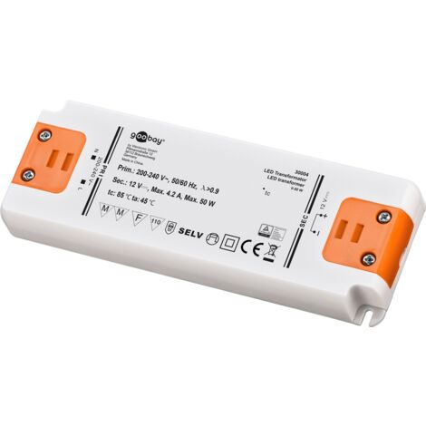 Trasformatore LED 12 V (DC), 50 W, per LED fino a 50 W di carico totale e tensione diretta di 12 V (DC).