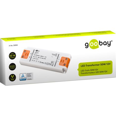 Trasformatore LED 12 V (DC), 50 W, per LED fino a 50 W di carico totale e tensione diretta di 12 V (DC).