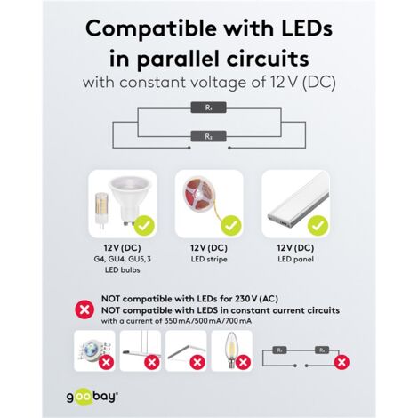 Trasformatore LED 12 V (DC), 50 W, per LED fino a 50 W di carico totale e tensione diretta di 12 V (DC).