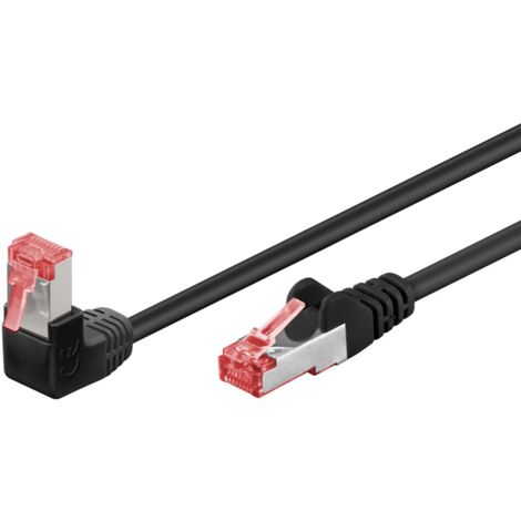 CAT 6 cavo patch 1x 90° angolato S/FTP (PiMF), nero, 0,5 m, conduttore di rame (CU), guaina del cavo senza alogeni (LSZH), protezione fermo sopra. Lunghezza del Cavo 0.5 m (1/3)