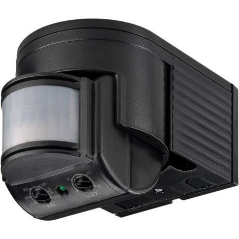 Rilevatore di movimento a infrarossi, per montaggio a parete, rilevamento a 180°, portata 12 m, per l'esterno (IP44), adatto ai LED. colore nero