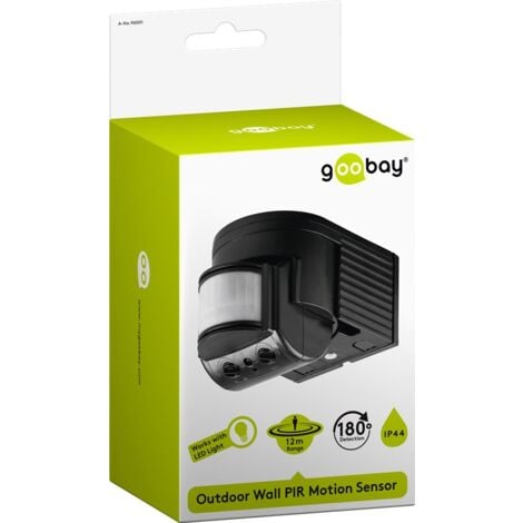 Rilevatore di movimento a infrarossi, per montaggio a parete, rilevamento a 180°, portata 12 m, per l'esterno (IP44), adatto ai LED. colore nero