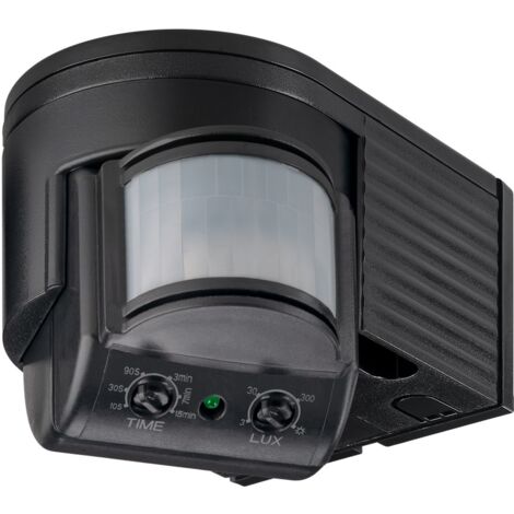 Rilevatore di movimento a infrarossi, per montaggio a parete, rilevamento a 180°, portata 12 m, per l'esterno (IP44), adatto ai LED. colore nero