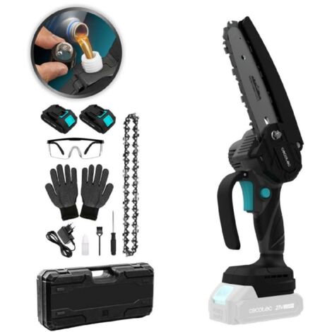 Sega per potatura da 6". Motore brushless, senza spazzole. Batteria 21 V. Ingrassatore a pulsante. Include valigetta, catena extra e set di accessori. (1/5)