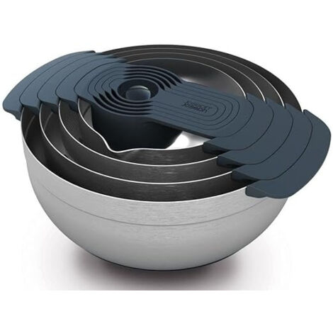 Nest™ 9, Joseph Joseph, Set de preparazione alimenti de, 9 pezzi, include ciotole, colino, setaccio e misurini, design compatto, acciaio inox, colore grigio (1/5)
