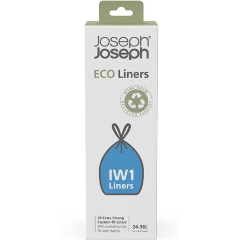 Joseph Joseph IW1 - Sacchetti Imondizia Ecologici in Plastica Riciclata, Sacchetti per Rifiuti da Cucina con Manici a Coulisse, Extra Resistenti - Confezione da 20, 24-36 Litri, Grigio (1/3)
