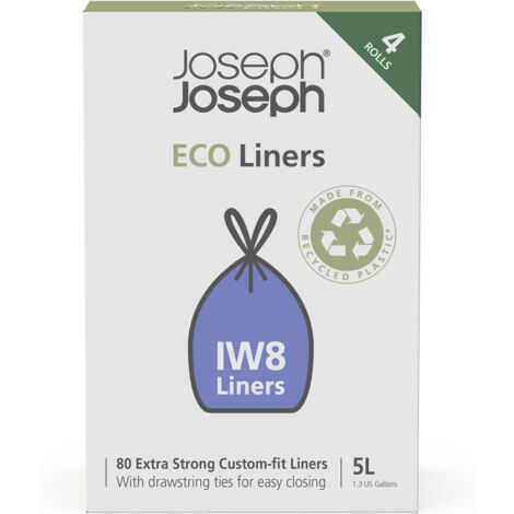 Joseph Joseph Eco Liners IW8 Sacchetti immondizia ecologici in plastica riciclata, sacchetti per rifiuti da cucina con manici a coulisse, extra resistenti, Confezione da 80, 5 Litri (1/4)