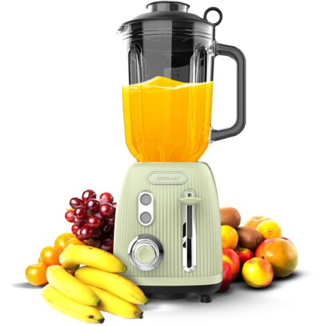 Frullatore retrò in vetro con potenza massima di 1200W, 4 lame con rivestimento in titanio nero e caraffa da 1,5L.