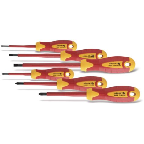 HÖGERT TECHNIK Set di 6 cacciaviti isolati magnetici con impugnatura antiscivolo, cacciavite a croce e cacciavite a testa piatta, 1000 V, STAL S2, rosso/giallo (1/5)