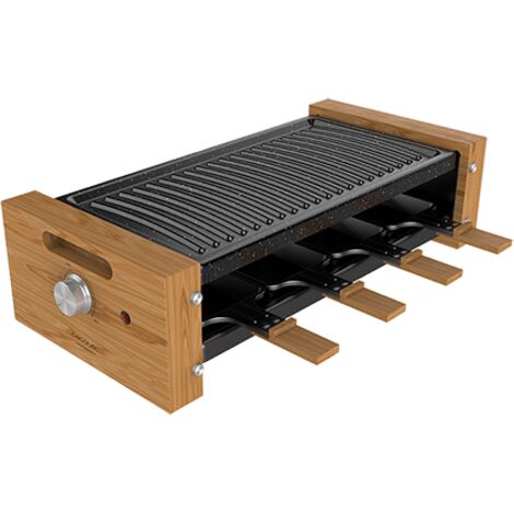 Macchina per Raclette, per 8 persone con grill da 1200 W. Con struttura in legno, termostato regolabile e piastra antiaderente con superficie grill in acciaio con rivestimento di alta qualità.