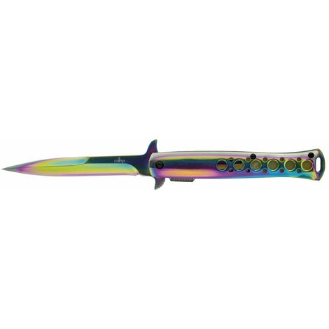 Stiletto Terzo 11358W manico de alluminio placcato titanio arcobaleno  lucido e lama de acciaio inox placcato titanio blu de 10 cm, con clip.