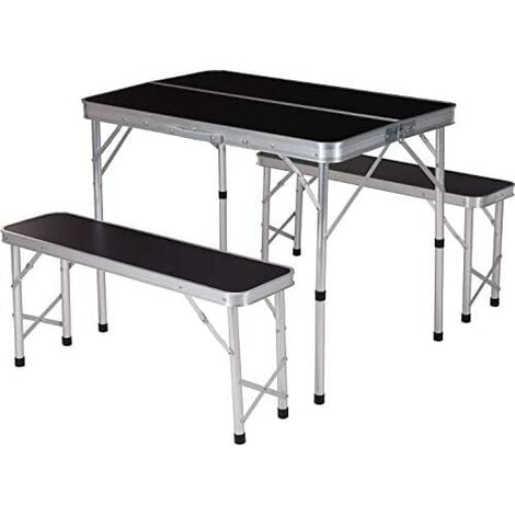 Set di tavoli da campeggio con 2 panche in alluminio. 90x60x70cm