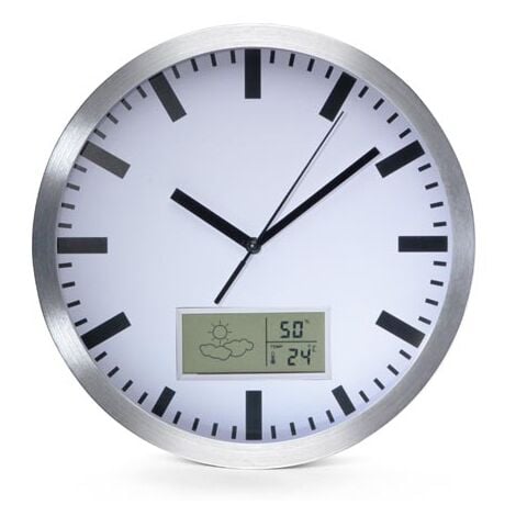 Orologio da parete in alluminio con lcd, termometro, igrometro e previsioni  del tempo - ø 25 cm