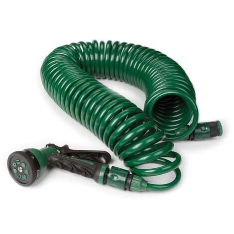 TUBO SPIRALE 15M FLESSIBILE ACQUA IRRIGAZIONE GIARDINO PISTOLA 8 GETTI