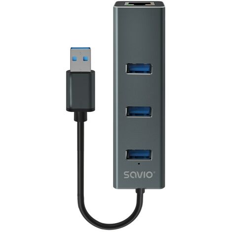 Savio ak-57 usb-a - hub 3 x usb-a con adattatore rj-45 gigabit ethernet,  5000 mbit/s, grigio