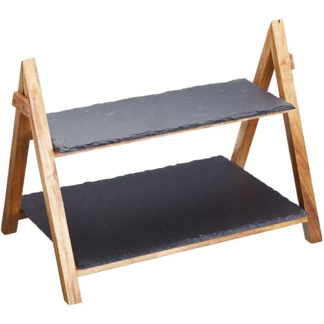 Artesa Portavivande de Due piani, Base de Legno de Acacia con 2 Vassoi rettangolari de Ardesia, 40 x 30 x 25 cm, Legno/Ardesia (1/5)