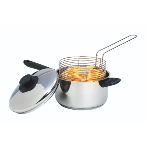 KitchenCraft Padella per patatine fritte grande con cestello e coperchio 20 cm, sicura per induzione, acciaio inox, argento (1/5)