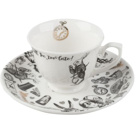 Tazza Da T&egrave; E Piattino V&amp;A Alice Nel Paese Delle Meraviglie - 210ml, Porcellana Bianca Con Decorazioni