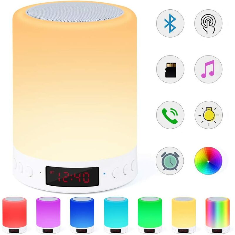 lampe de chevet Ranipobo Touch Sensor avec réveil lampe DEL à commande tactile lecteur de musique MP3 Veilleuse Bluetooth Haut-parleur radio FM lumières tamisées et 7 couleurs 