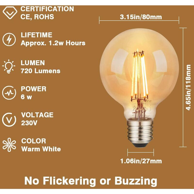LEDGLE Lot de 6 Ampoule LED à Filament E27 ST45 Retro Edison Vintage 220 Lumens 2W Equivalent à Ampoule Halogène de 25W Angle de Faisceau 360 ° pour la Décoration 2700K-Blanc Chaud 