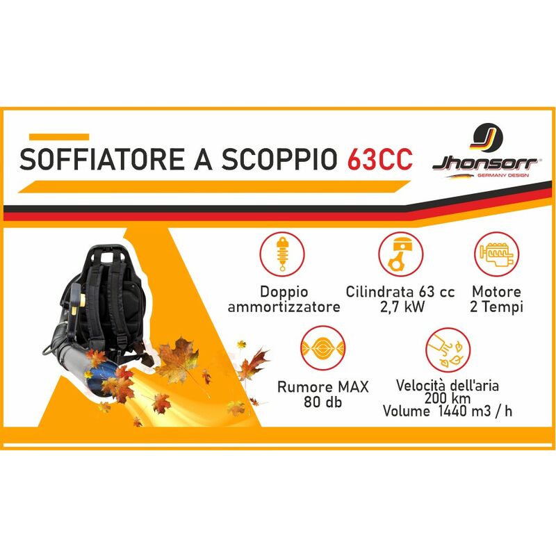 Soffiatore a zaino a scoppio da 63,3 cc - 2 Tempi - 2,1 Kw