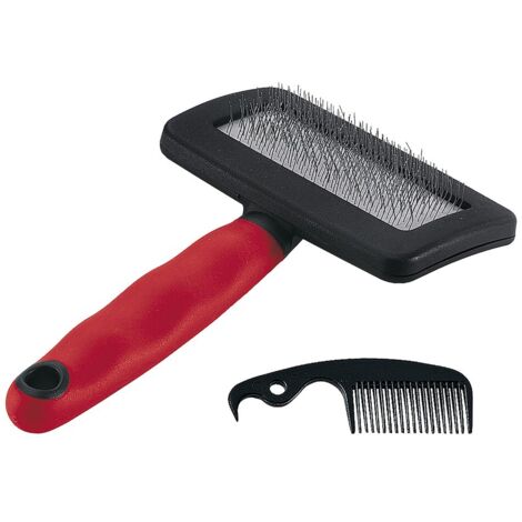 Ferplast Spazzola Cardatore per Cani - Pelo Medio e Lungo - Setole Inclinate e Testine Arrotondate, Acciaio Inox - Impugnatura Ergonomica Morbida - Pettine Extra Incluso - Misura M, Rosso