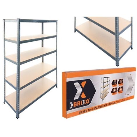 BRIXO SCAFFALE KIT 5 PIANI SILVER 120 X 45 X H 180 CM PORTATA MAX 300 KG