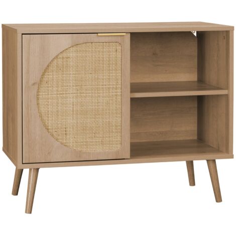 sweeek - Skandinavisches Sideboard mit Holzdekor und abgerundetem Rattan-Geflecht 1 Tür 80 cm