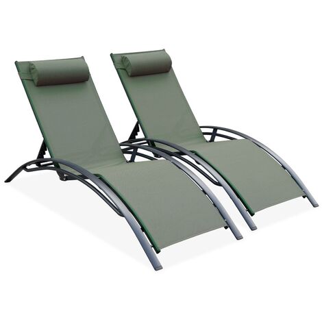 sweeek - 2er-Set Sonnenliegen aus Aluminium mehrfach verstellbar Anthrazit / Khaki