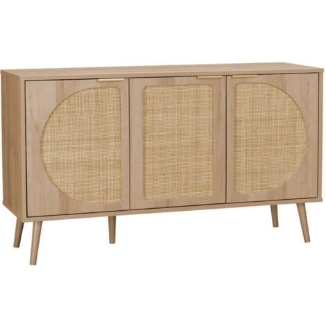 sweeek - Skandinavisches Sideboard mit Holzdekor und abgerundetem Rohrgeflecht 1 Tür 80cm