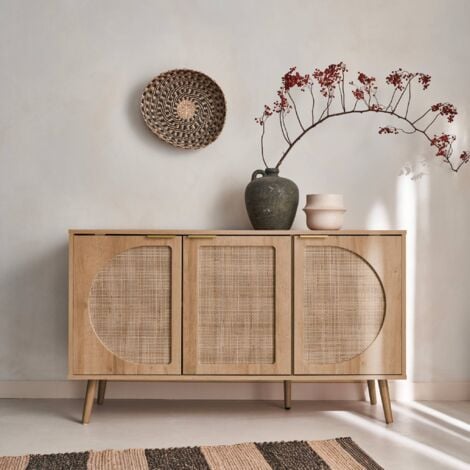 sweeek - Skandinavisches Sideboard mit Holzdekor und abgerundetem Rohrgeflecht 1 Tür 80cm