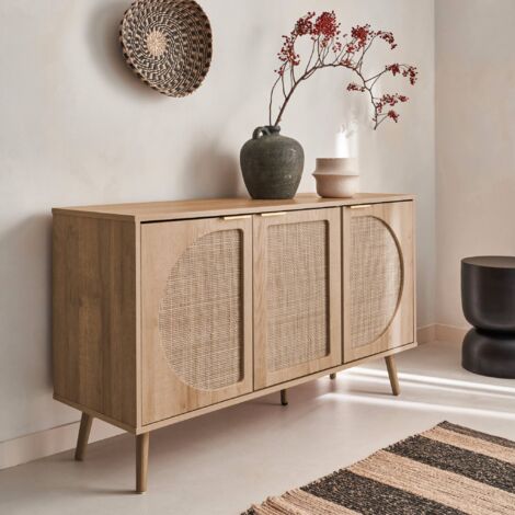 sweeek - Skandinavisches Sideboard mit Holzdekor und abgerundetem Rohrgeflecht 1 Tür 80cm