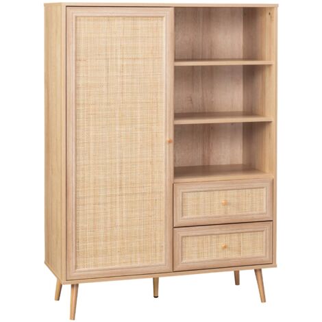 sweeek - Highboard mit Rattan-Geflecht und Holzdekor 1 Tür, 2 Schubladen
