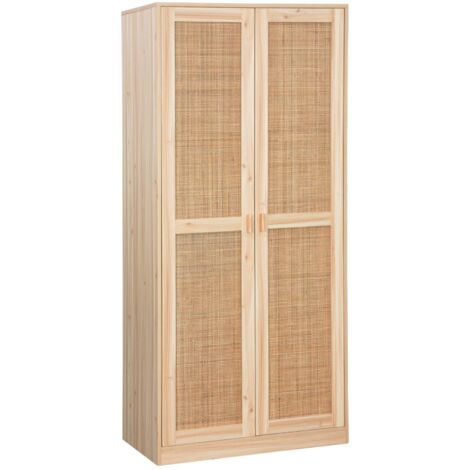 sweeek - Kleiderschrank mit Rattan-Geflecht und Holzdekor, 2 Türen mit Kleiderstange