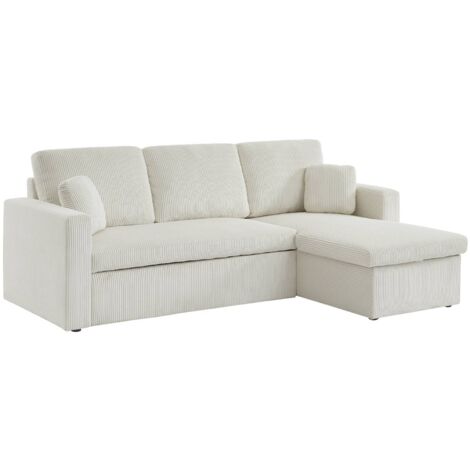 sweeek - Ecksofa mit Schlaffunktion, Cord-Bezug, breit gerippt, 3-Sitzer, Cord, Creme