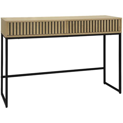 sweeek - Moderne Konsole mit 2 Schubladen in geriffeltem Holzdekor und schwarzem Metall