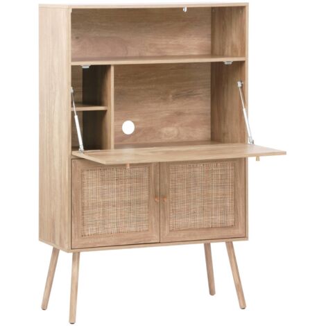 sweeek - Schreibschrank / Sekretär, 2 Türen und Regale, Holzdekor und Rattan-Geflecht