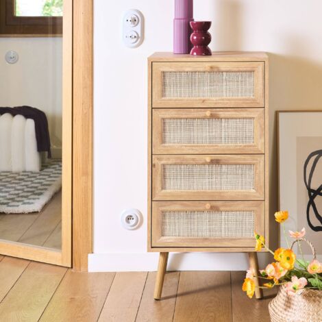 sweeek - Hochkommode mit Holzdekor, Rattan-Geflecht und 4 Schubladen