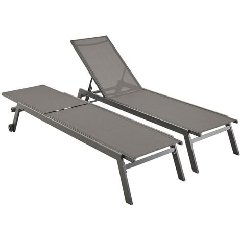 Set mit 2 ELSA Sonnenliegen aus grauem Aluminium und dunkelgrauem Textilene, Liegestühle mit mehreren Positionen und Rädern
