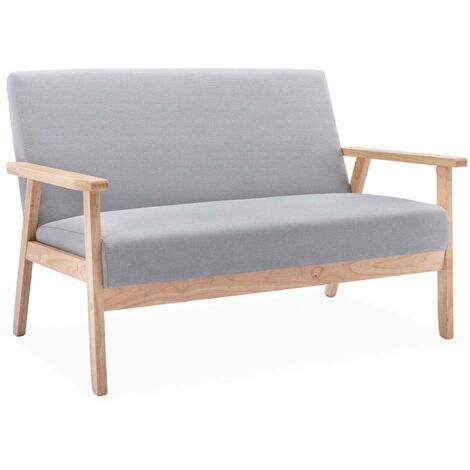 sweeek - 2-Sitzer Sitzbank mit Stoffbezug und Holzbeinen, Stoff, Hellgrau