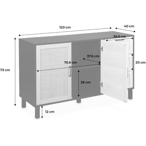 sweeek - Skandinavisches Sideboard mit Holzdekor und Rohrgeflecht 2 Türen 120 cm