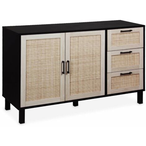 sweeek - Skandinavisches Sideboard mit Holzdekor und Rohrgeflecht 2 Türen 120 cm