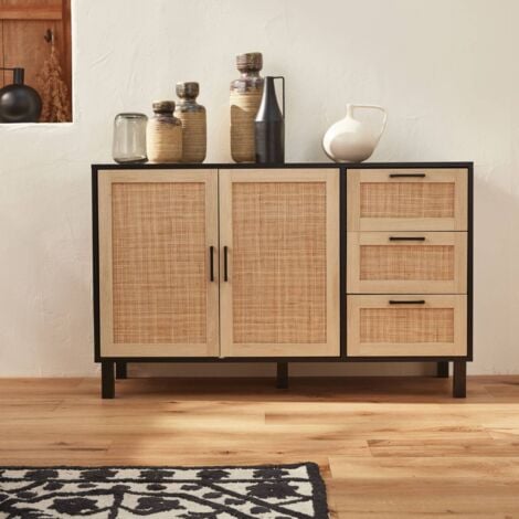 sweeek - Skandinavisches Sideboard mit Holzdekor und Rohrgeflecht 2 Türen 120 cm