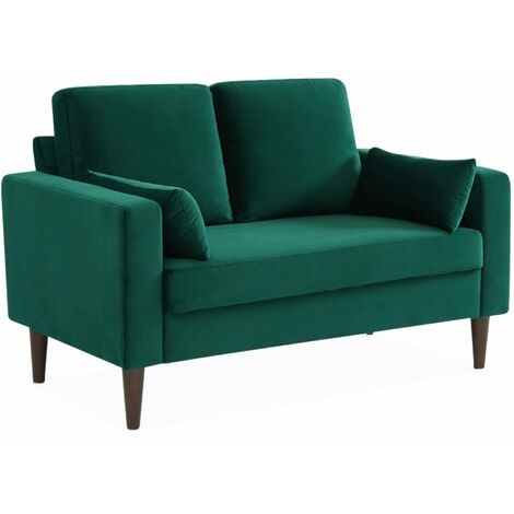 sweeek - 2-Sitzer-Vintage-Sofa mit Samt und Füßen aus Hevea-Holz, Samt, Grün