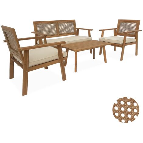 sweeek - Garten-Essgruppe aus Holz und Rattan, 4 Sessel Natur / Beige