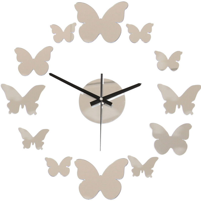 Butterflies Wall Clock Mirror Silver Metal
