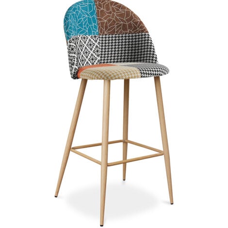 Patchwork Upholstered Bar Stool Scandinavian Design with Metal Legs - Evelyne Patty Multicolour Metal with wooden transfer painting, Wood, Fabric - Multicolour