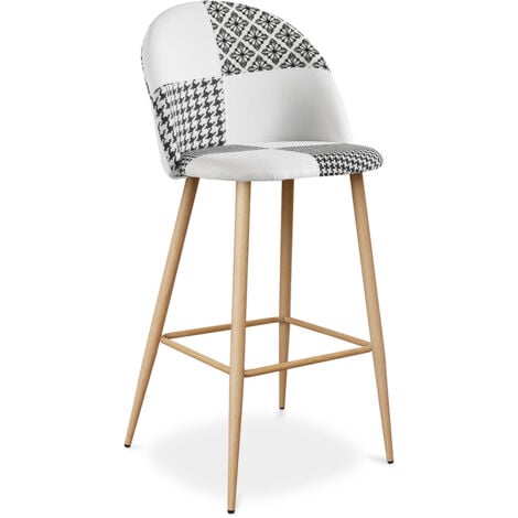 Patchwork Upholstered Bar Stool Scandinavian Design with Metal Legs - Evelyne Sam White / Black Metal with wooden transfer painting, Wood, Fabric - White / Black