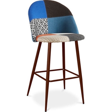 Patchwork Upholstered Bar Stool Scandinavian Design with Dark Metal Legs - Evelyne Pixi Multicolour Metal with wooden transfer painting, Wood, Linen