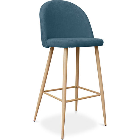 Bar stool Evelyne Scandinavian Design Premium - 76cm Turquoise Metal with wooden transfer painting, Fabric, Wood